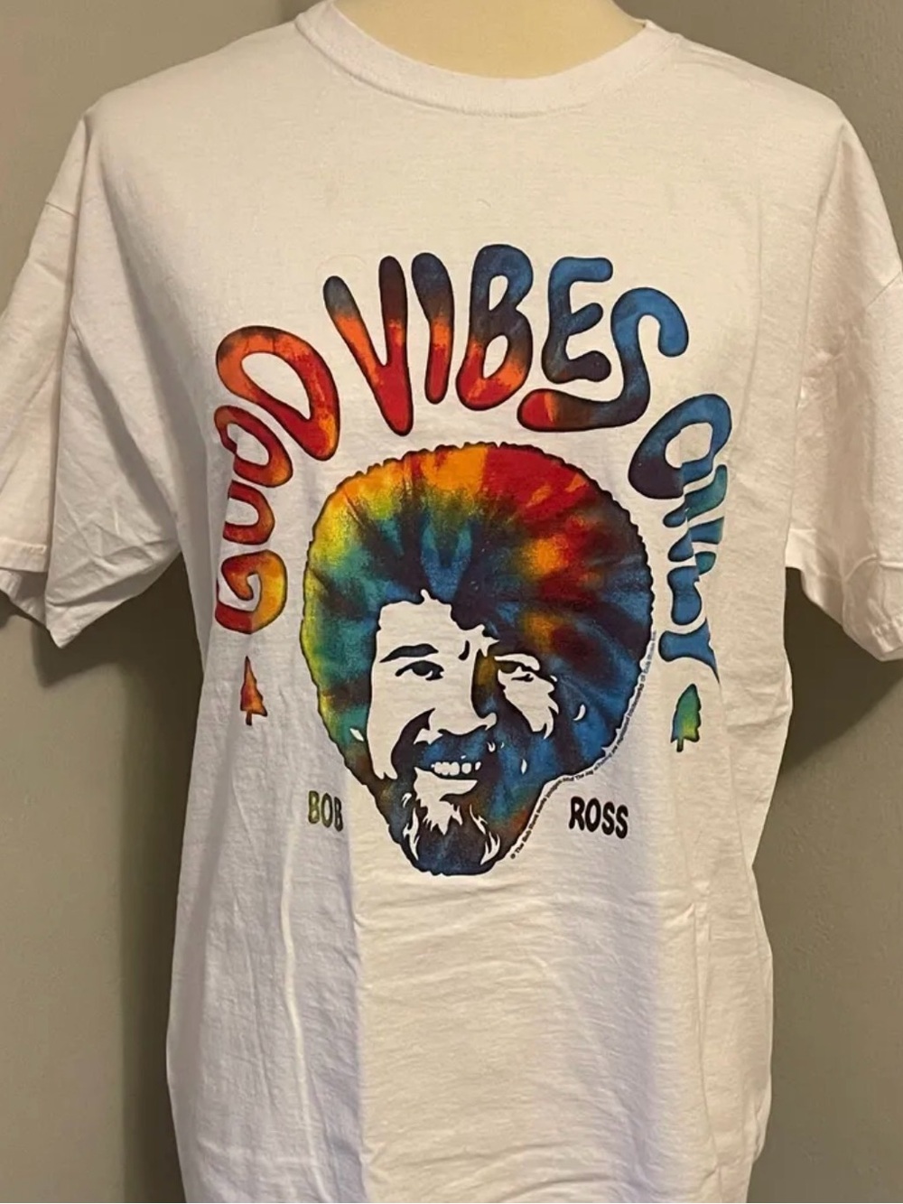 White Tie-Dye Bob Ross Graphic Short Sleeve T-Shirt